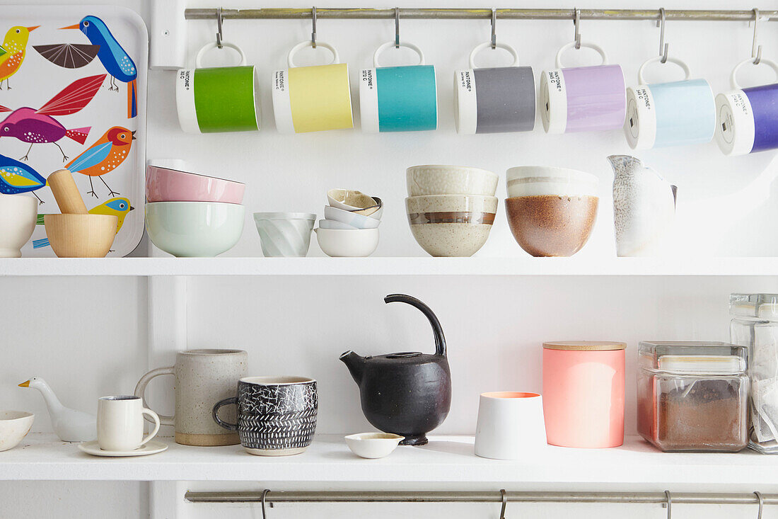 Cups and bowls with colourful bird tray in Sheffield kitchen  Yorkshire  UK