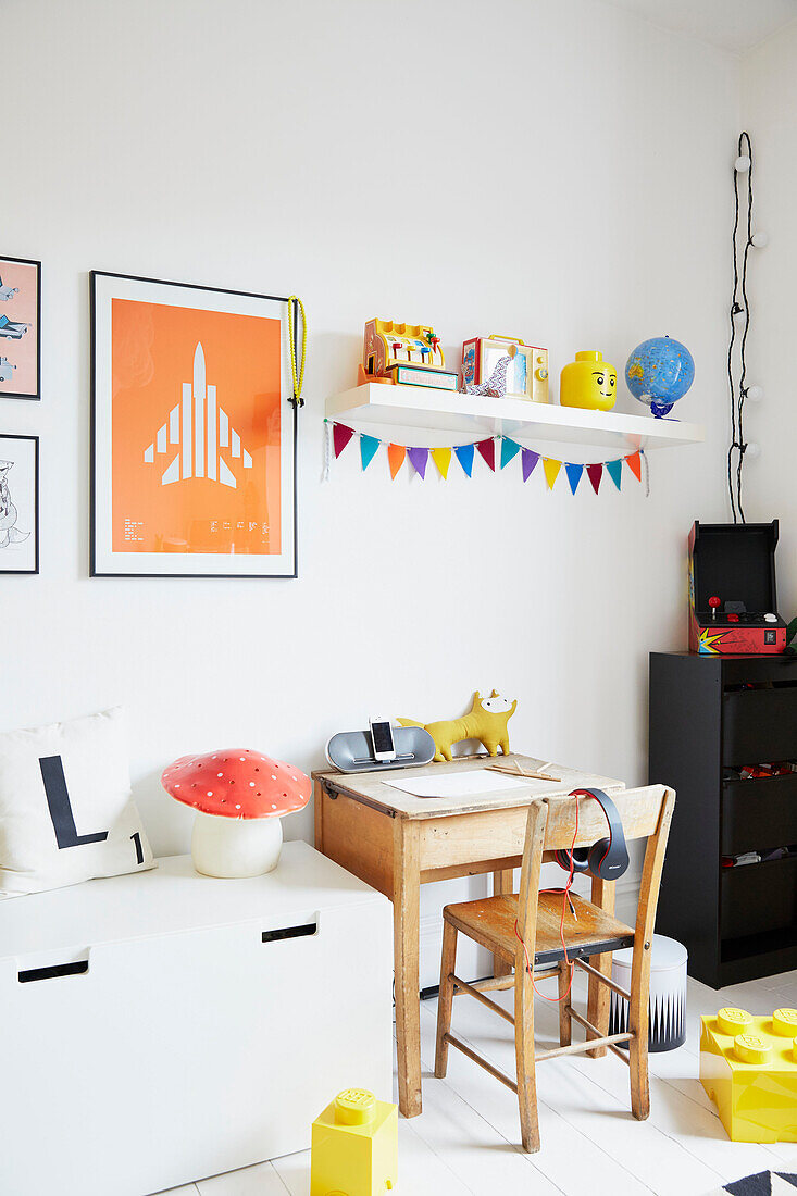 Wooden desk and chair in boy's room og modernised Preston home  Lancashire  England  UK