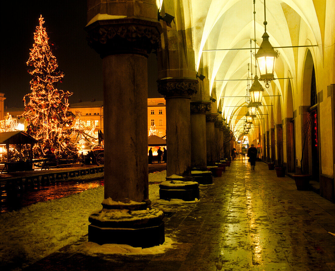 Lighted Christmas tree in the main square with covered colonnade