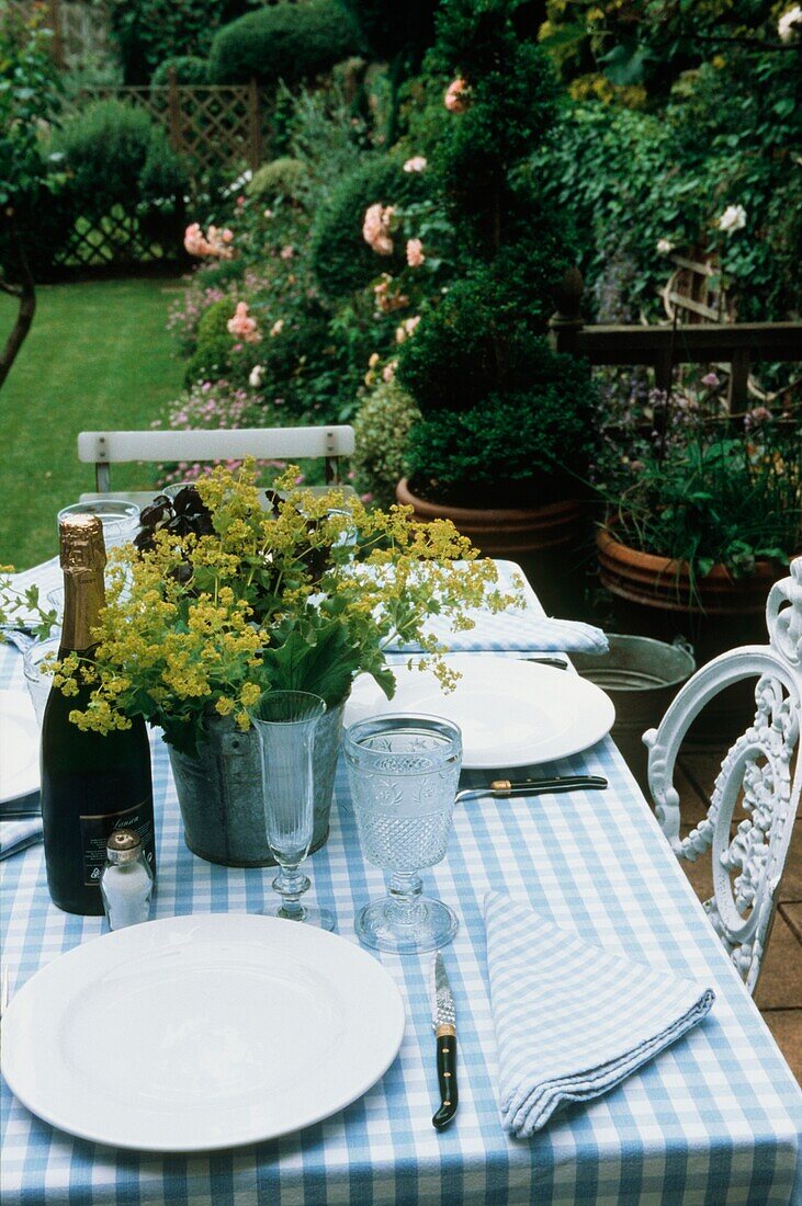 Table laid on a patio terrace in the garden