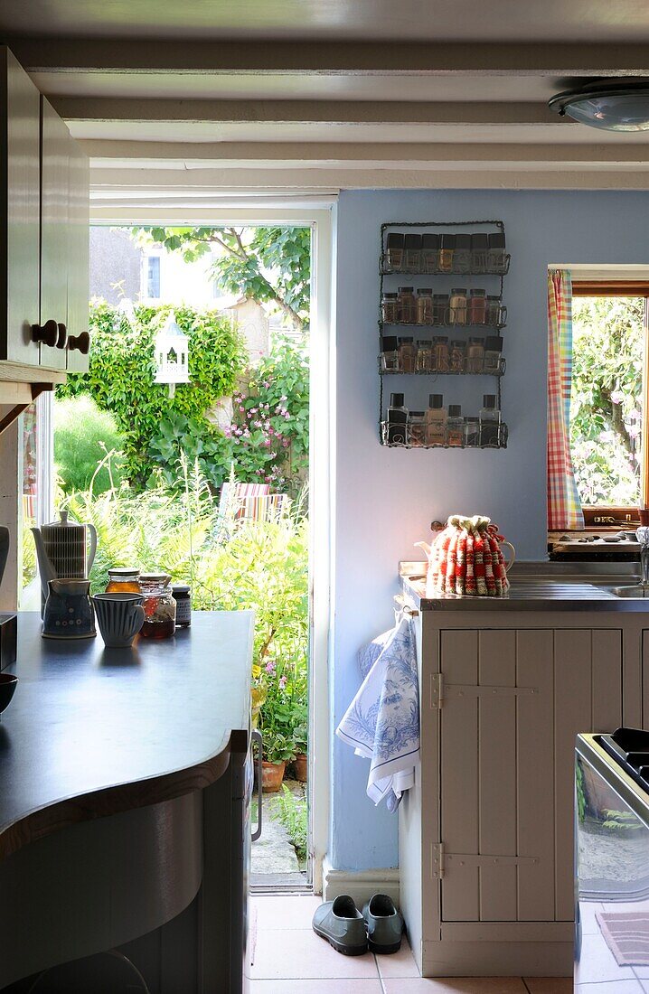 Kitchen with door leading to garden