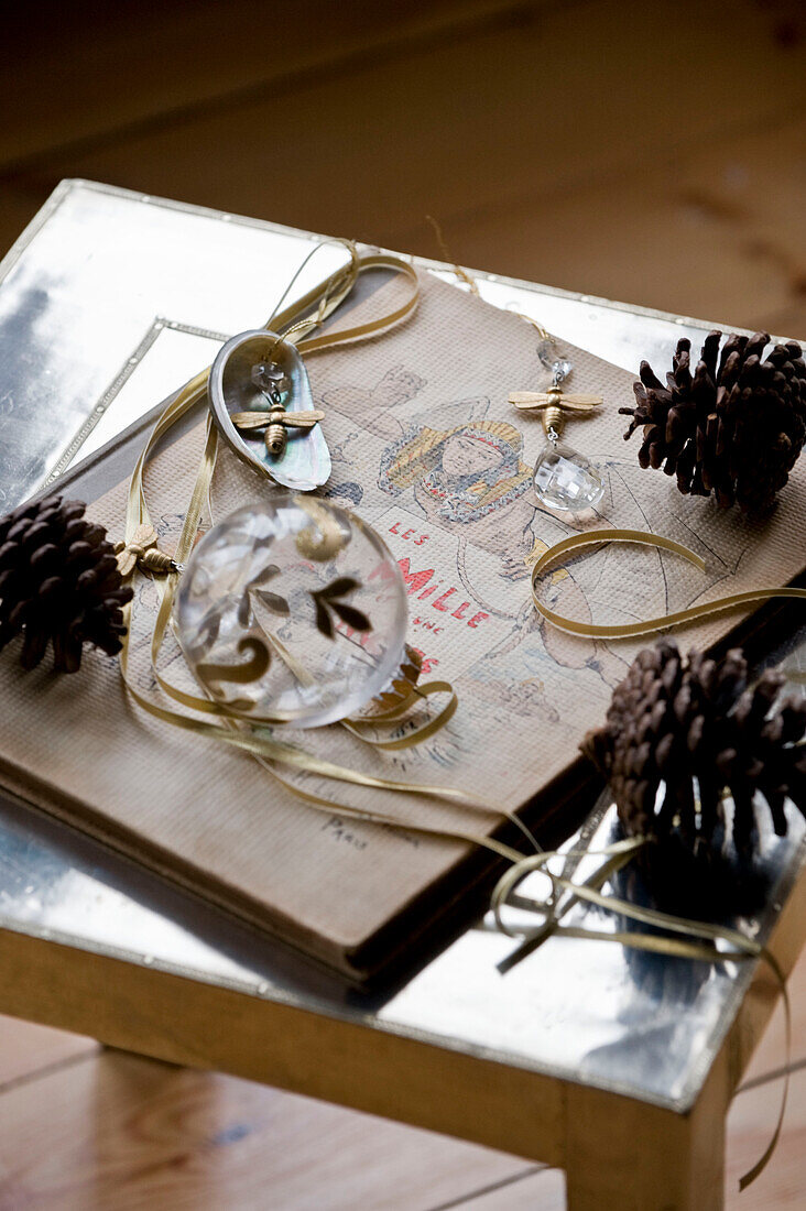 Tabletop with hand made Christmas decorations