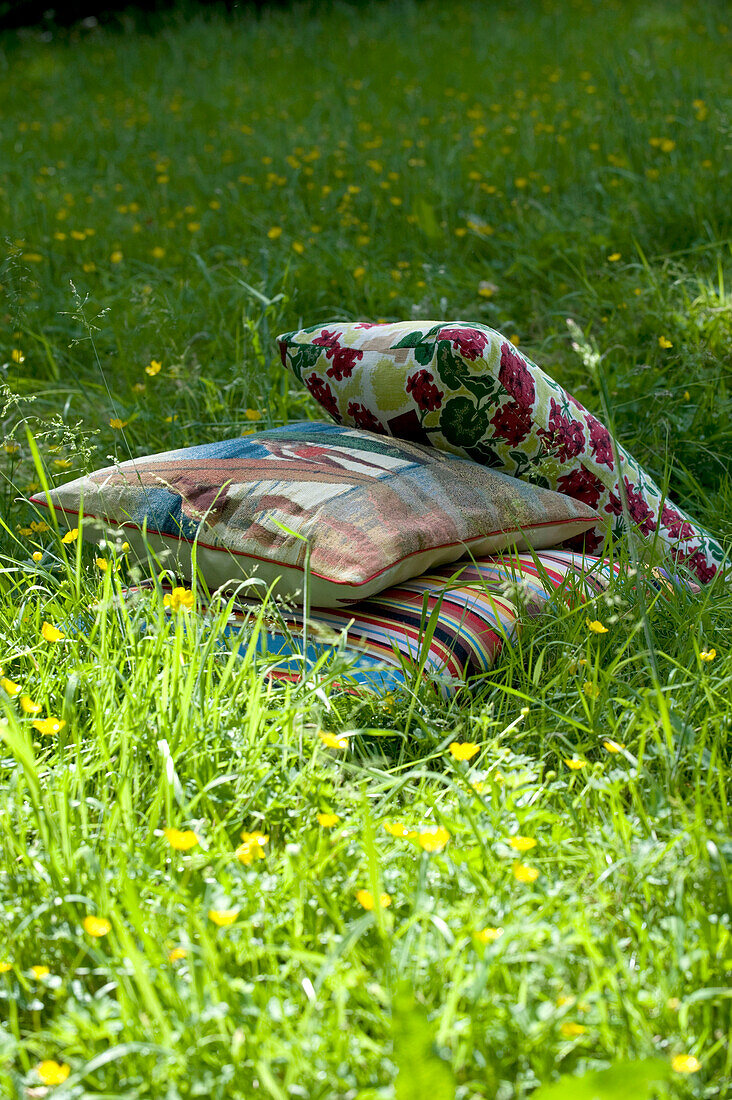 Three cushions on grass