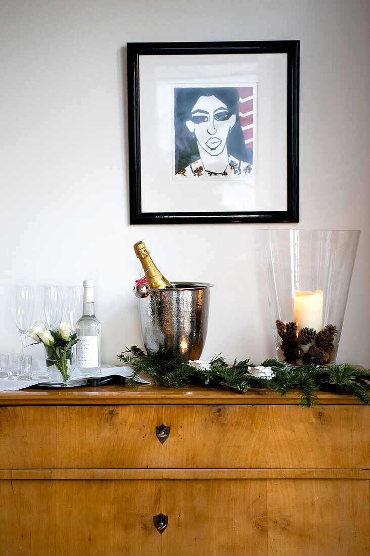 Sideboard decorated in Christmas ornaments