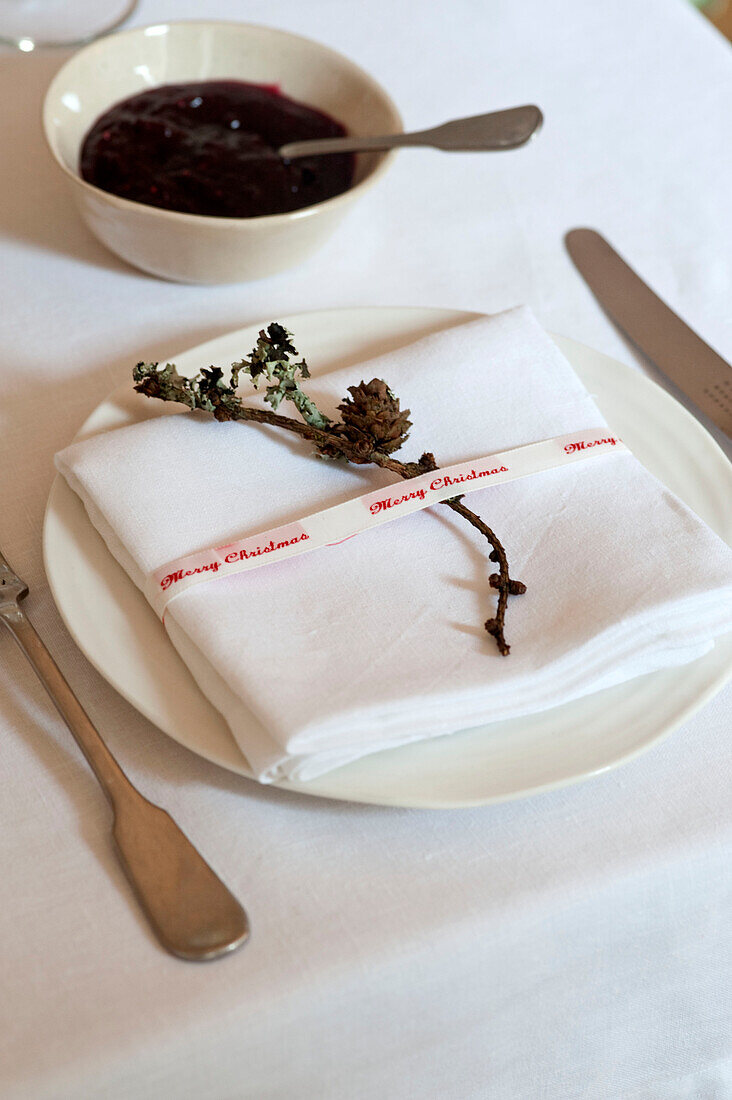 Christmas place setting with redcurrant sauce in bowl