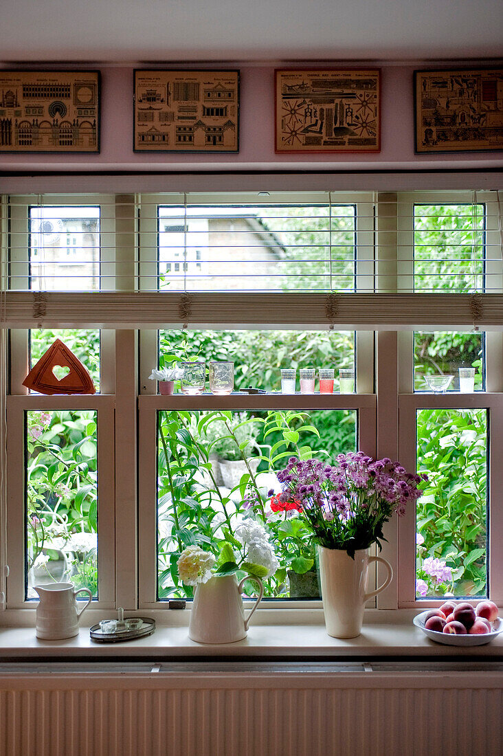 Schnittblumen auf der Fensterbank mit Blick auf den Garten London home UK