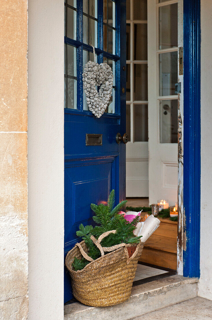 Small Christmas tree in basket at blue front door of Forest Row home, Sussex, England, UK