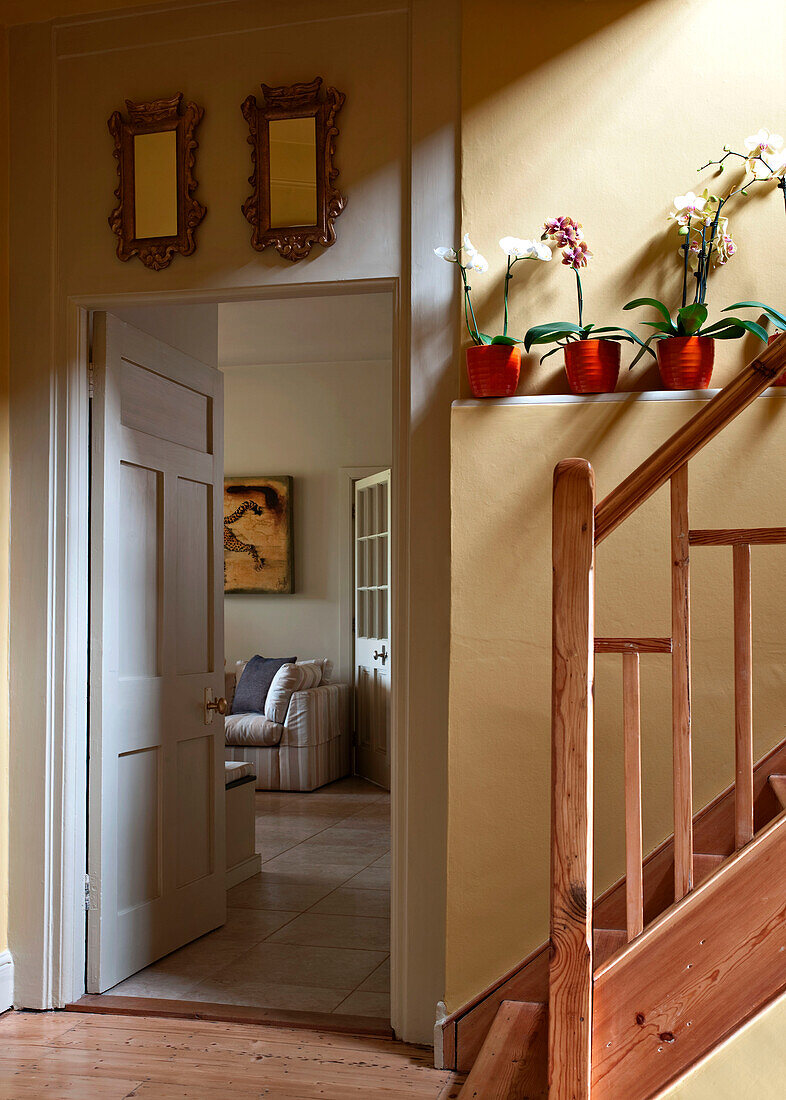 Wooden staircase with houseplants and view through doorway in rural Suffolk home England UK