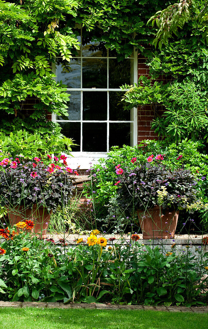 Fenster und Garten eines Landhauses aus Backstein in Suffolk, England, UK