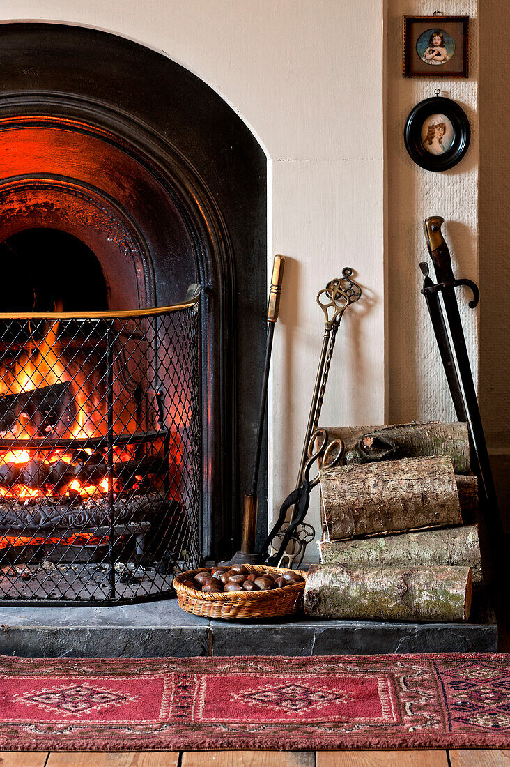 Chestnuts roasting by an open fire in Walberton home, West Sussex, England, UK