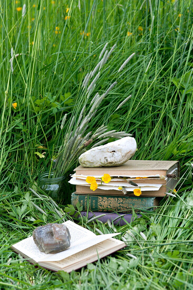 Flower press books and a jar of tall grass in Brecon, Powys, Wales, UK