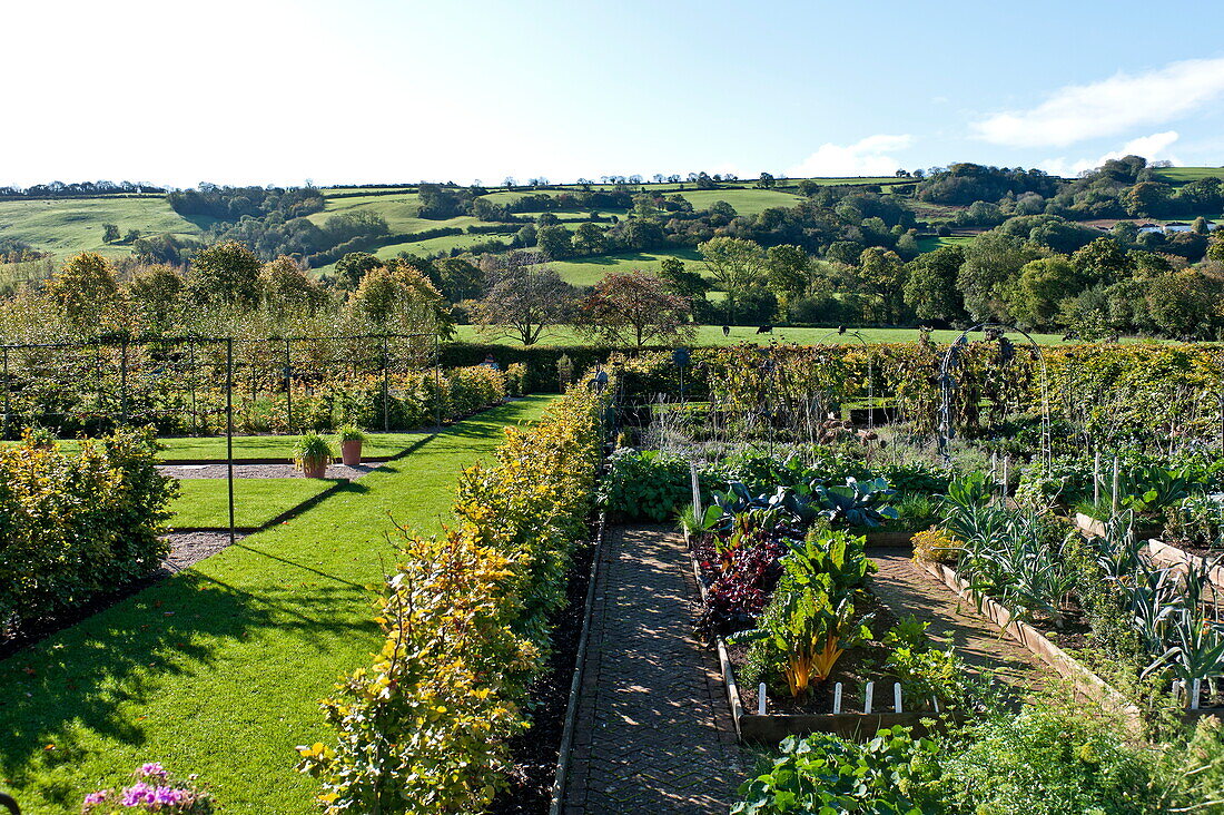 Küchengarten, Außenbereich in ländlicher Umgebung, Blagdon, Somerset, England, UK