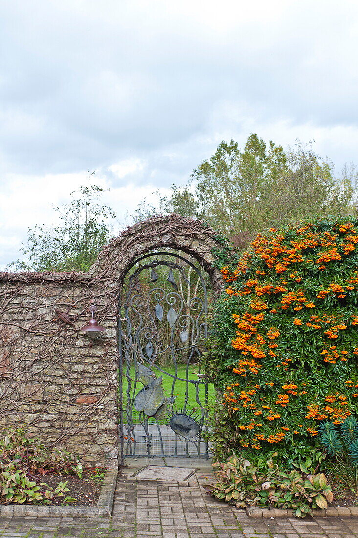 Arched garden gate in farmhouse garden, Blagdon, Somerset, England, UK