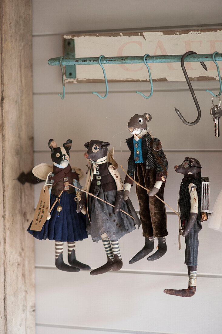 Unique handmade animal puppets hang in Stamford home Lincolnshire England UK