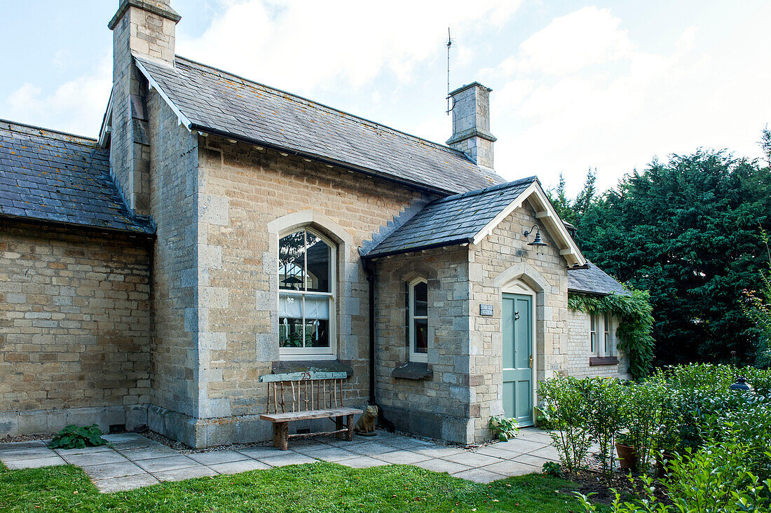 Porch entrance to old stone church conversion in Stamford Lincolnshire England UK