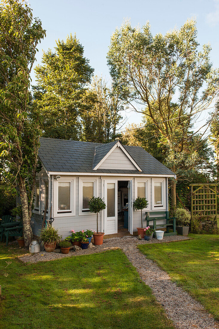 Summerhouse in Penzance garden Cornwall England UK