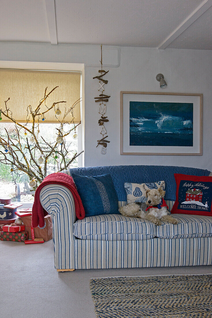 Gestreiftes Sofa mit blauer Decke unter gerahmtem Kunstwerk mit Weihnachtsdekoration in einem Bauernhaus in Penzance, Cornwall, Großbritannien