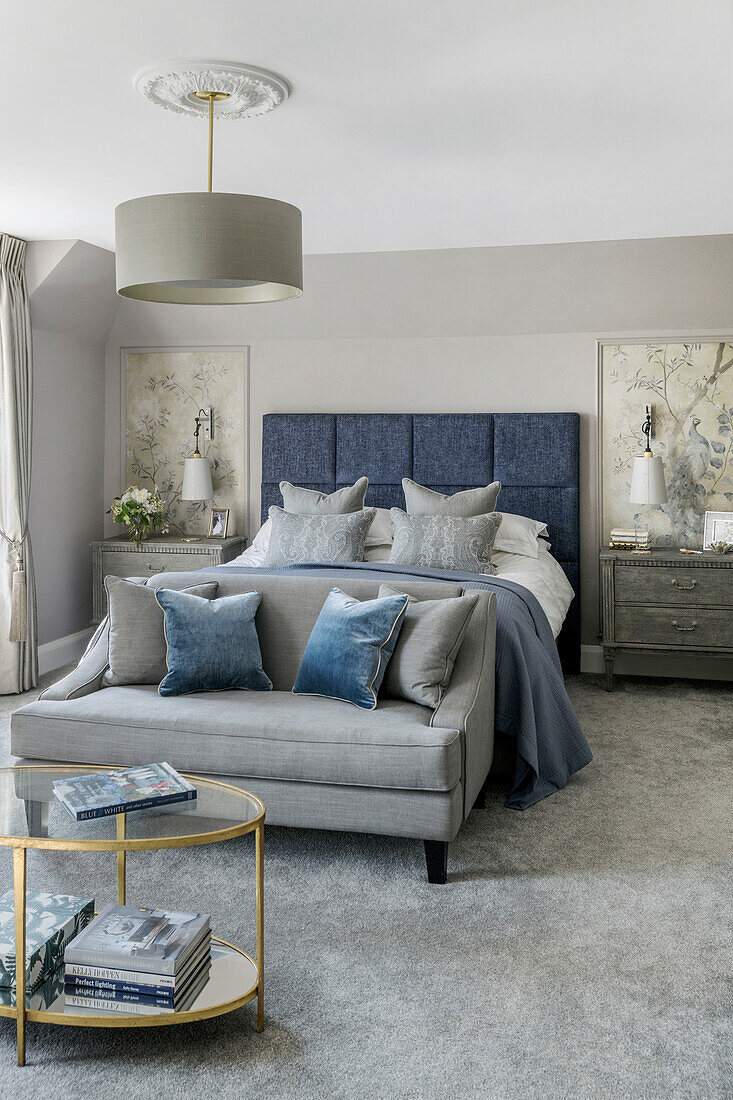 Calm neutrals in master bedroom of grade II-listed Victorian family home Godalming Surrey UK