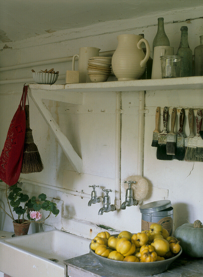 Traditionelle Butler-Spüle im Hauswirtschaftsraum mit Quittenschale und offenen Regalen