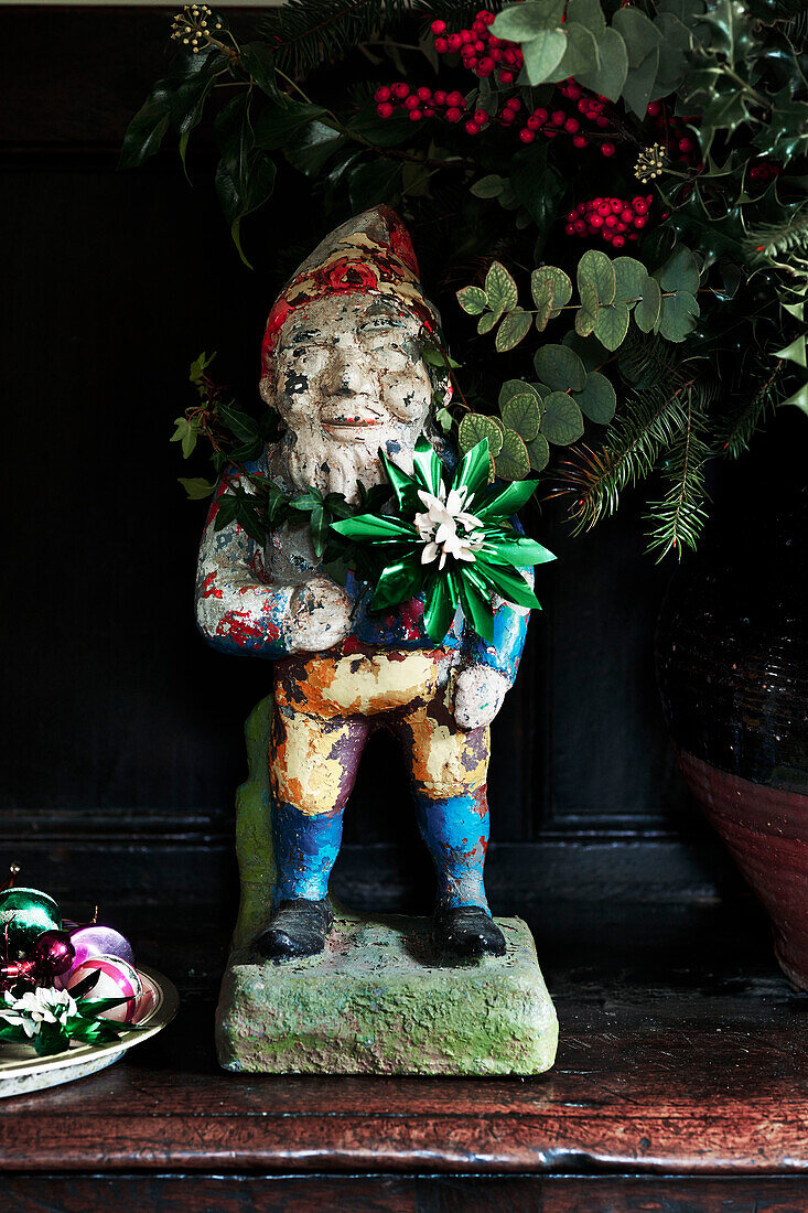 Gartenzwerg mit Sternblume und Weihnachtsbeeren in Shropshire cottage England UK