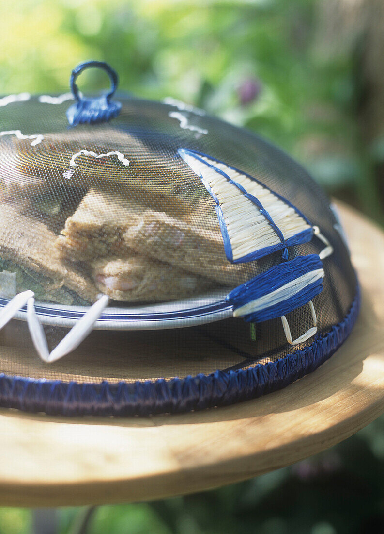 Sandwiches unter einem Netz auf einem Gartentisch