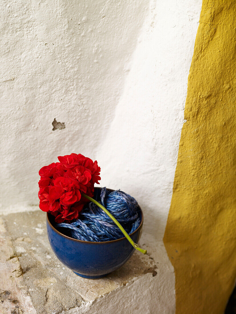 Rote Geranie und Schale mit Schnur Spanien