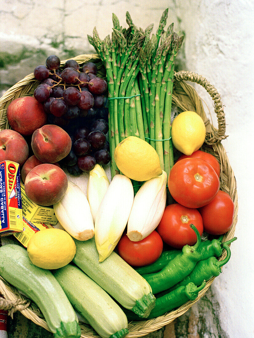 Basket of assorted fruit and vegetables pain