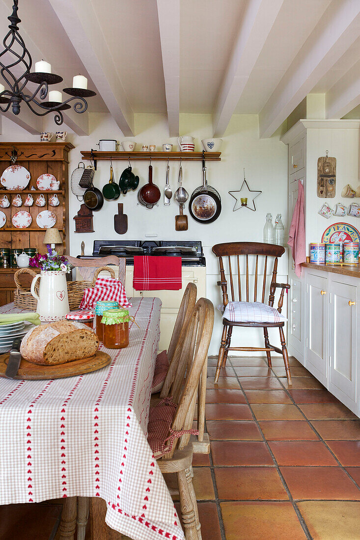 Bread and jam on kitchen table in Worth Matravers cottage Dorset England UK