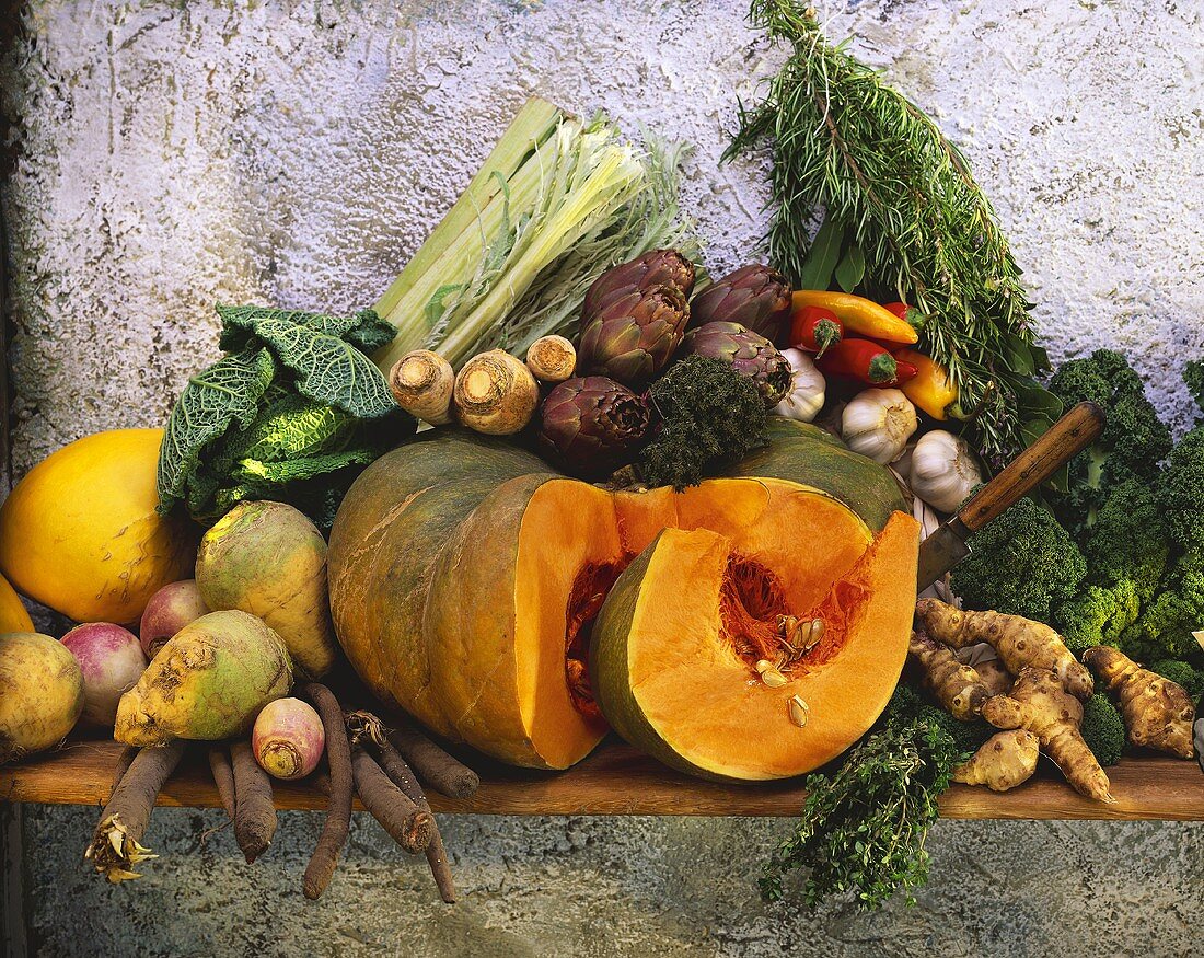Various vegetables (turnip, pumpkin, cabbage, ginger)