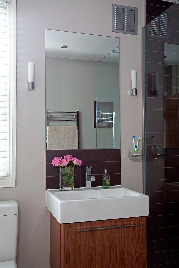 Wooden under sink storage and mirror in bathroom of contemporary London home, England, UK