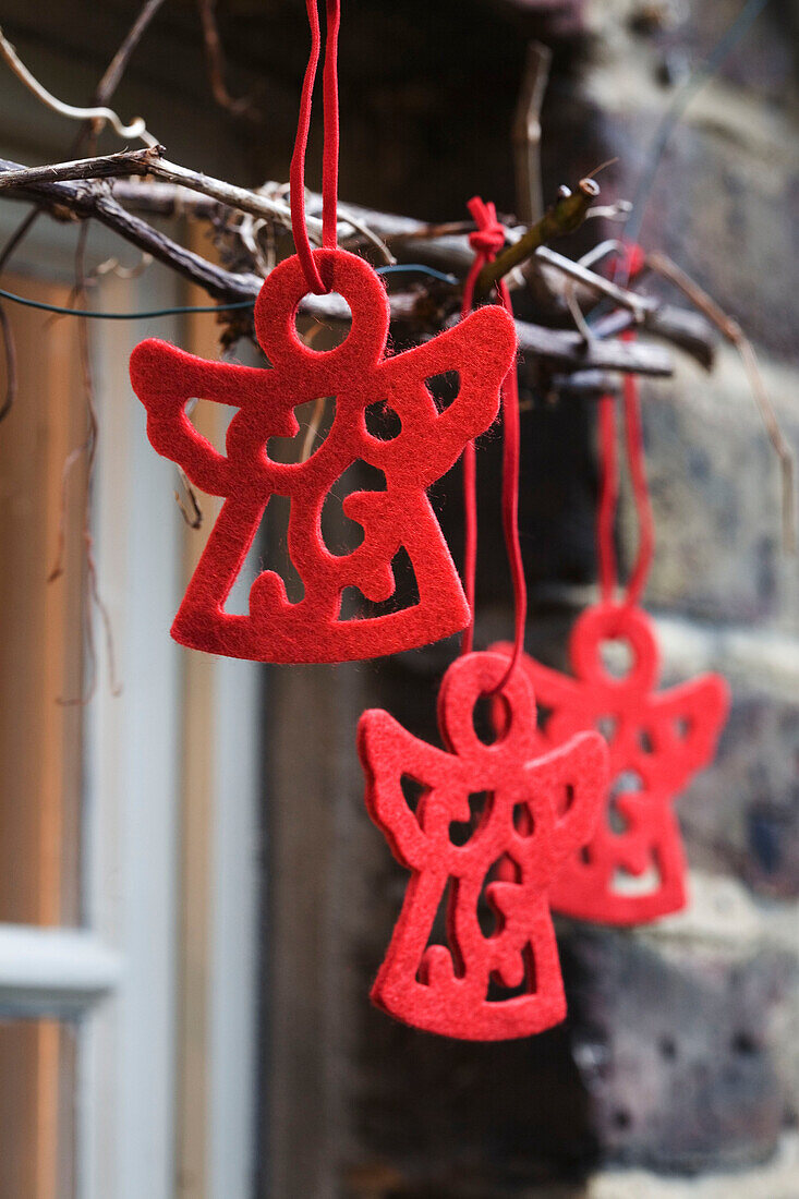 Red felt angels in leafless creeper around the kitchen window of a London home UK