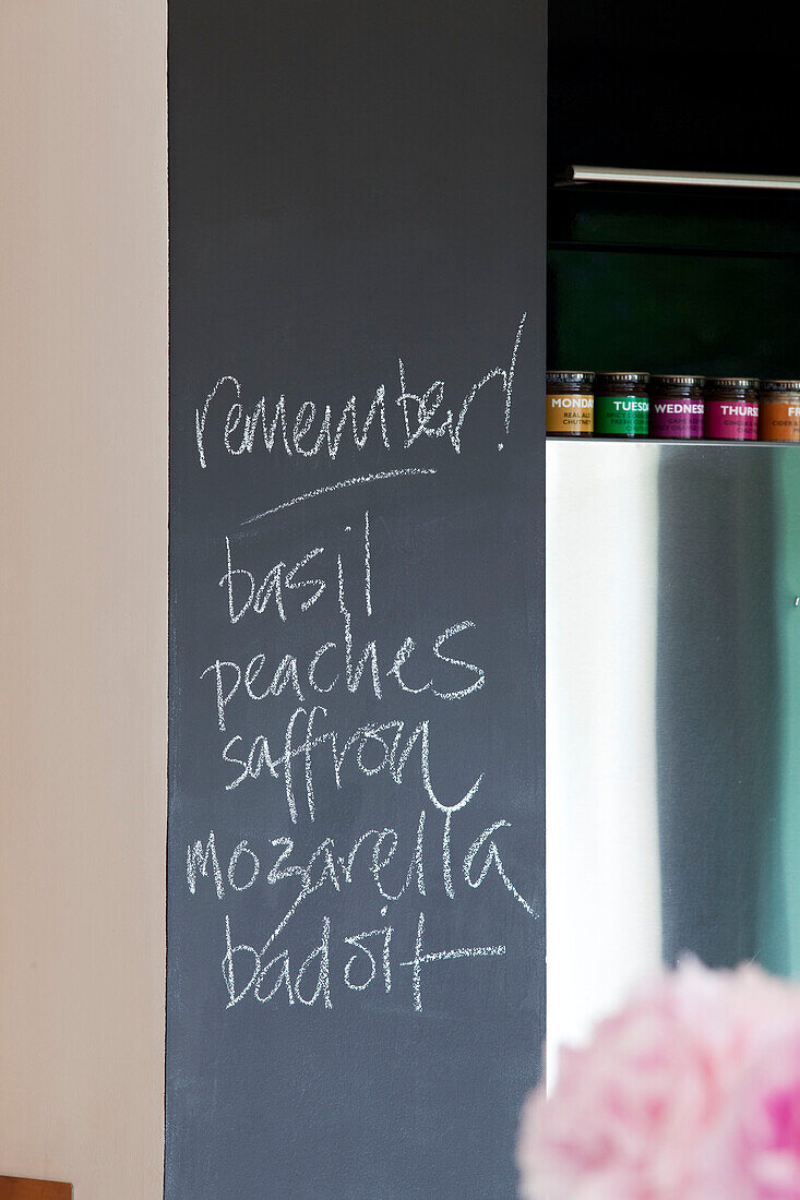 Handwritten shopping list on blackboard in contemporary London home, UK