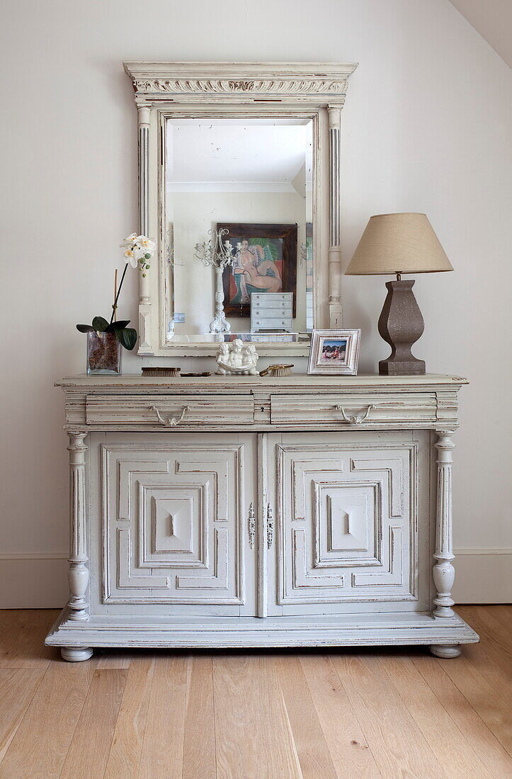 Antique sideboard and mirror in Kent home, England, UK