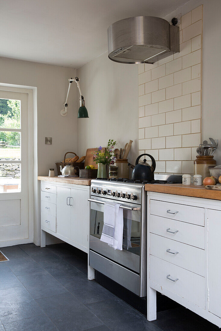 Stainless steel extractor above oven in Presteigne cottage Wales UK