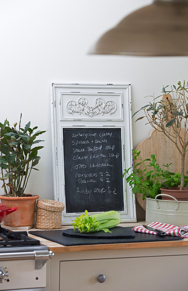 Handwriting on chalkboard in East Dean kitchen  West Sussex  UK