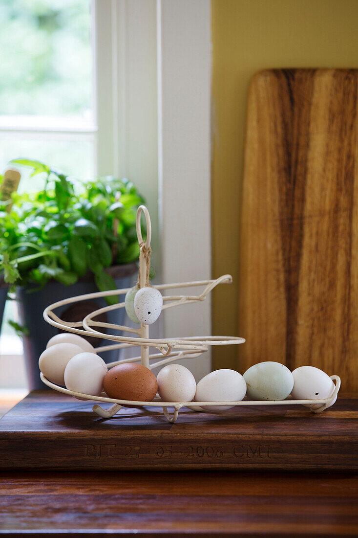 Egg holder on kitchen worksurface in Berkshire home England UK