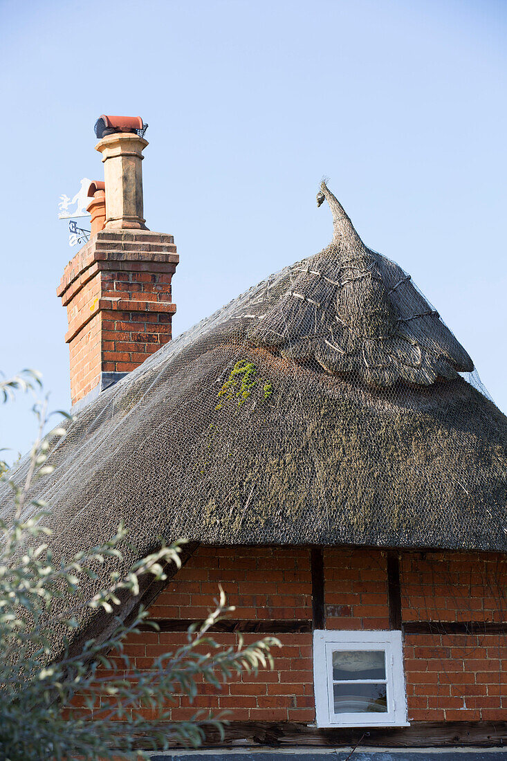 Thatched roof detail on Grade II listed cottage in Hampshire England UK