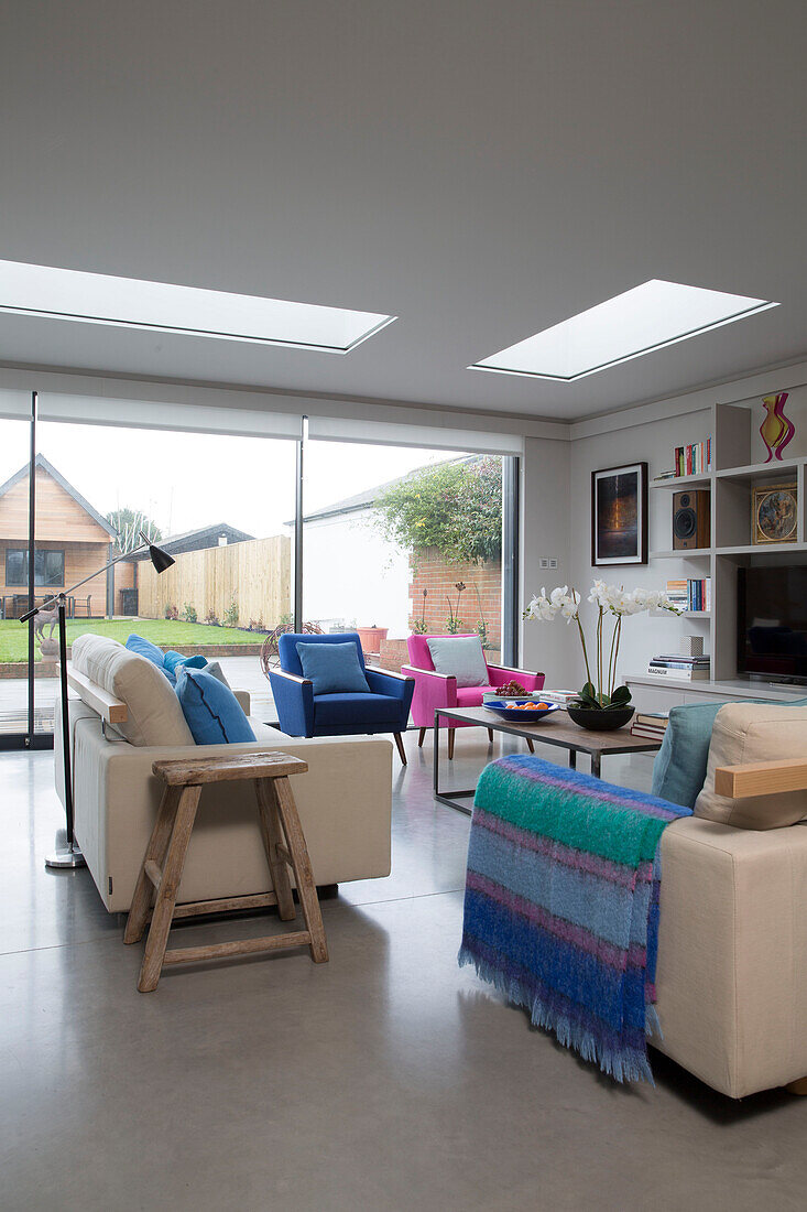 Skylights in living room of modernised Victorian Sussex cottage England UK