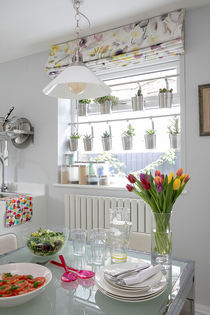 Geschnittene Tulpen auf einem Tisch mit Salat und Kübelpflanzen am Fenster einer viktorianischen Terrasse in London, UK