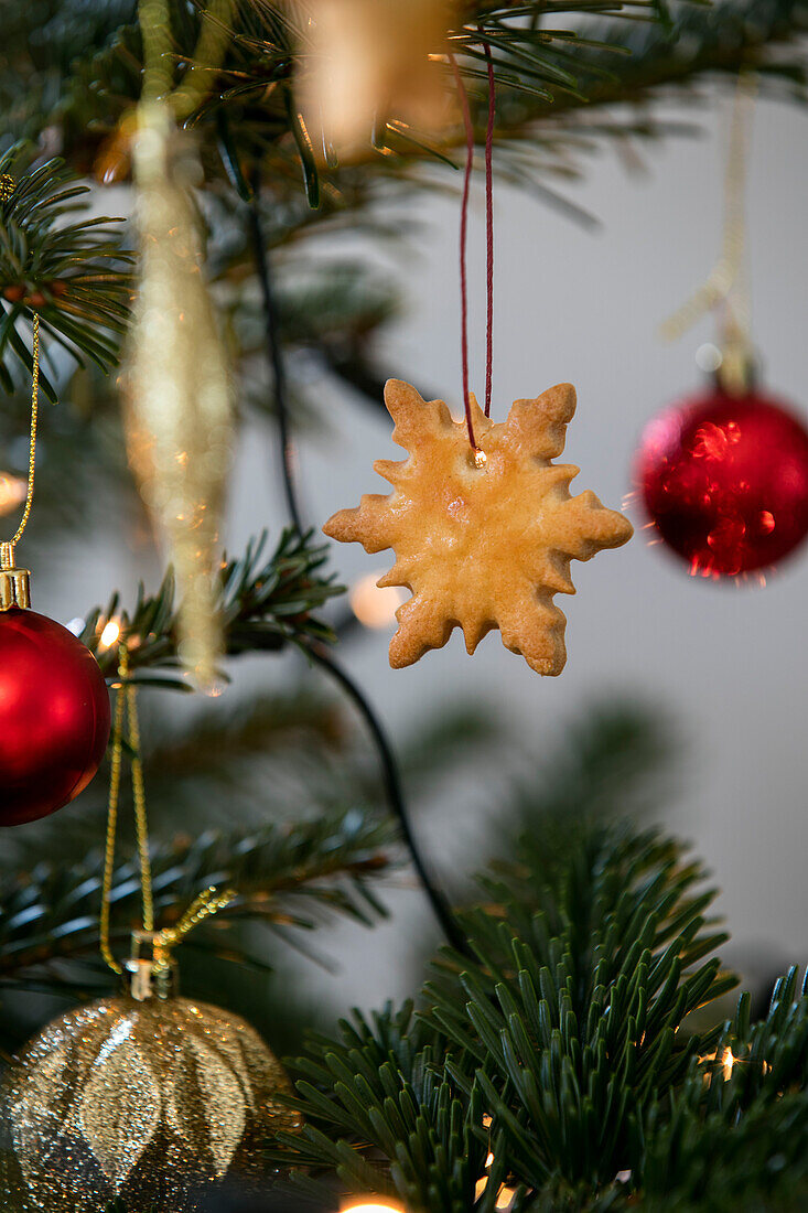 Snowflake tree ornament with red and gold baubles on Christmas tree West Sussex UK