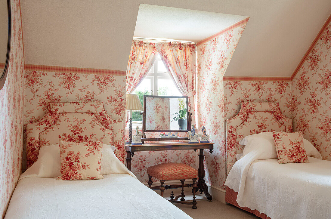 Co-ordinated toile de jouy wallpaper and fabrics Wales UK
