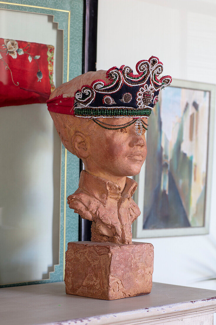 Beaded wedding tiara on bust in Georgian country house West Sussex UK