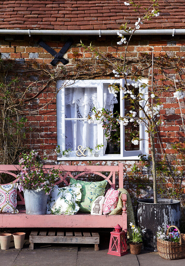 Outdoor spring floral decorations in preparation for an Easter party