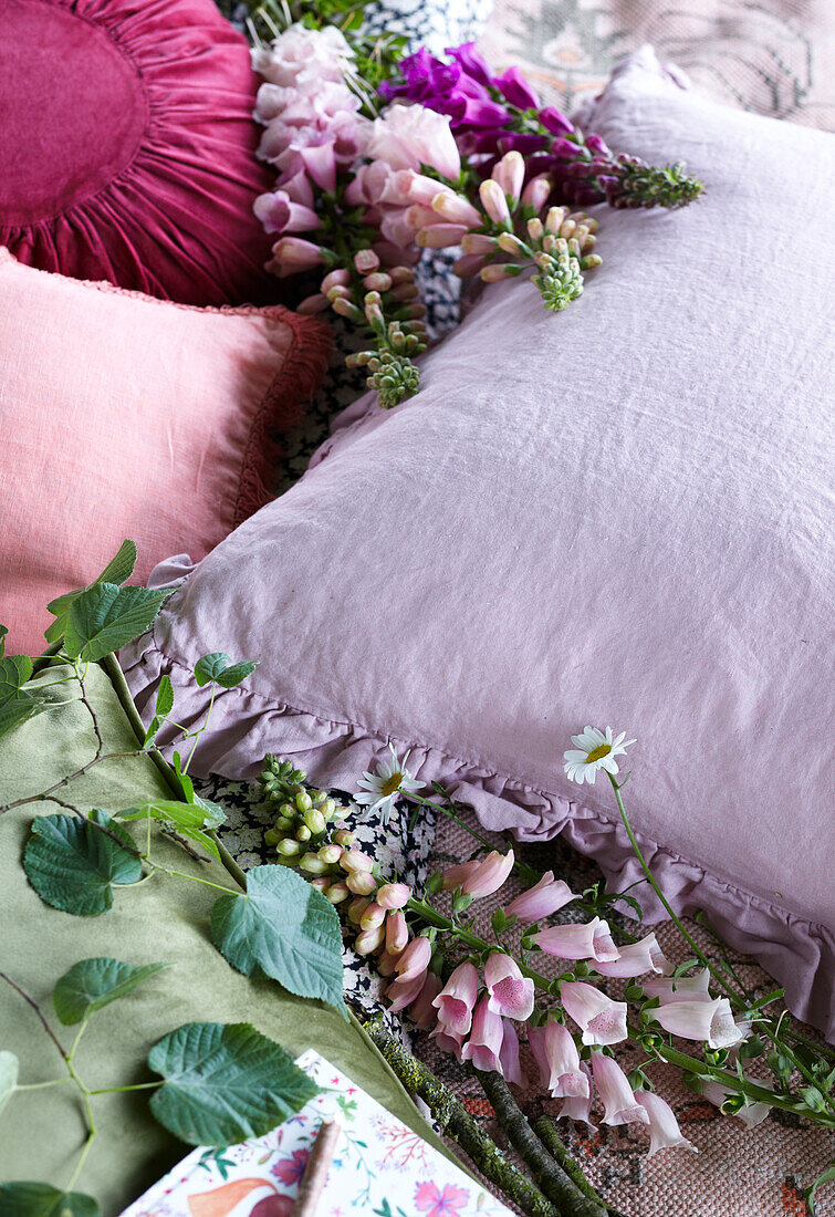 Foxglove picnic cushion detail with cut flowers
