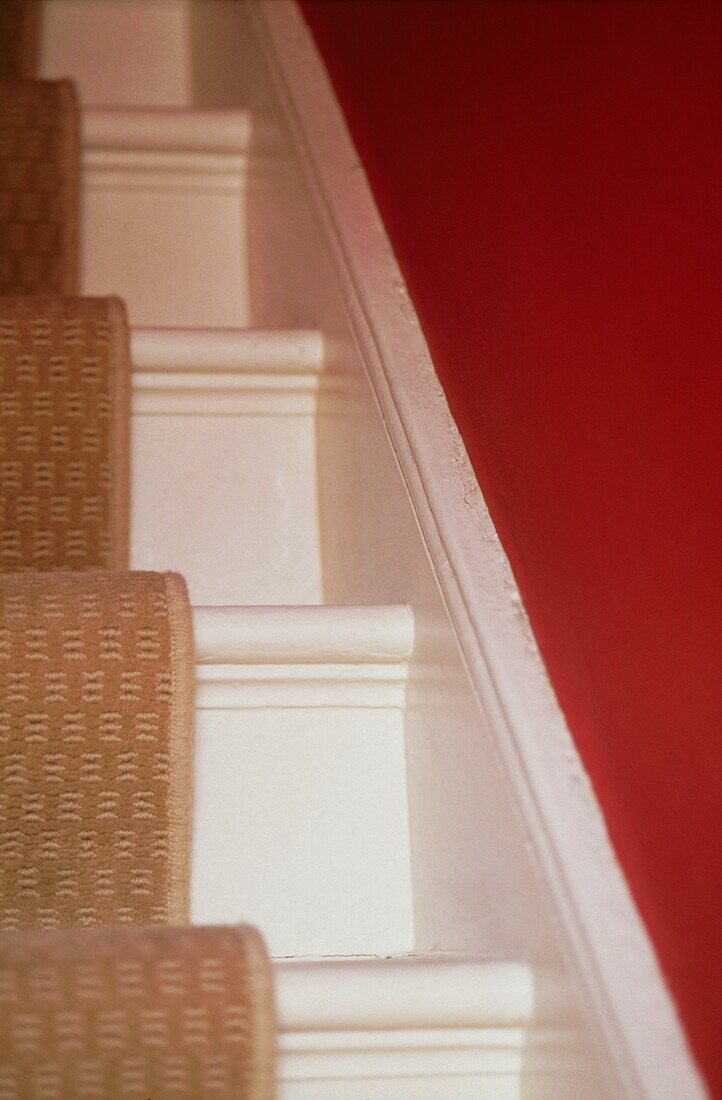 Details of stairs painted white with carpet runner