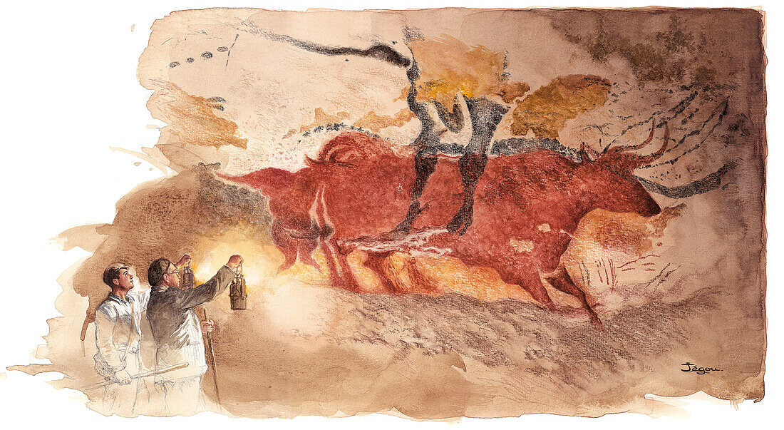 Discovery of stone age cave paintings, illustration