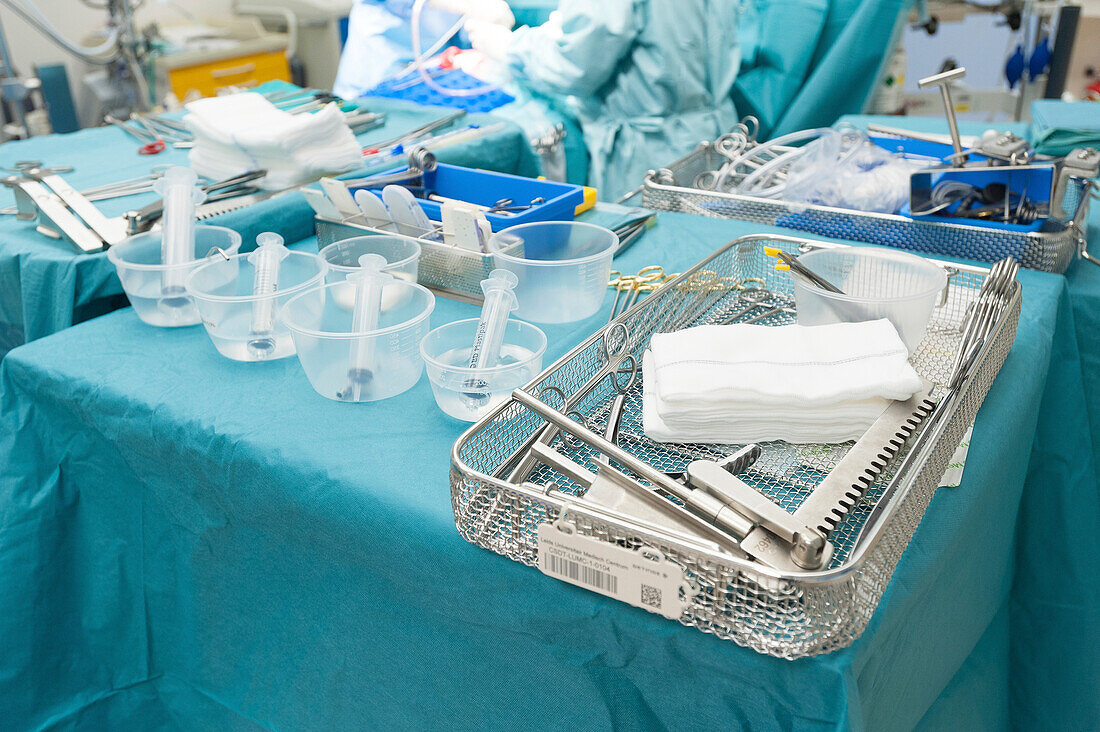 Surgical equipment ready for open heart surgery