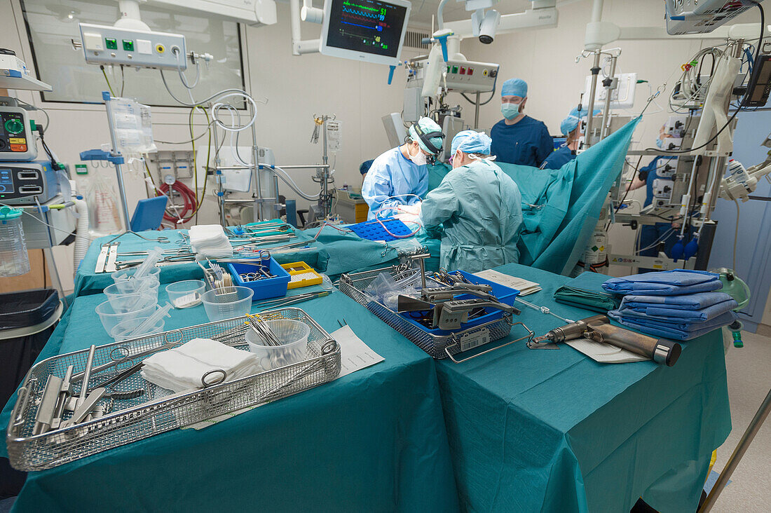 Surgical equipment ready for open heart surgery
