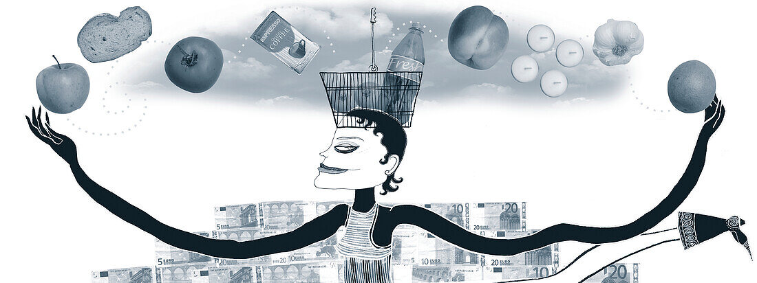 Woman juggling groceries, illustration
