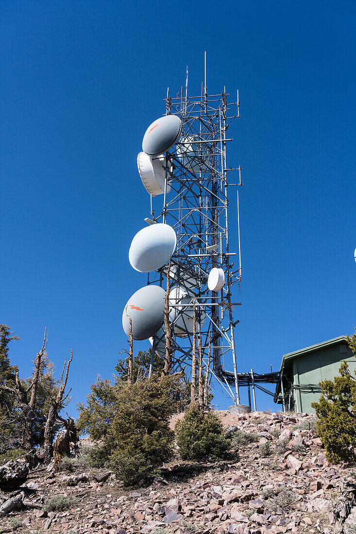 Telecommunications masts on a mountain in Utah, USA